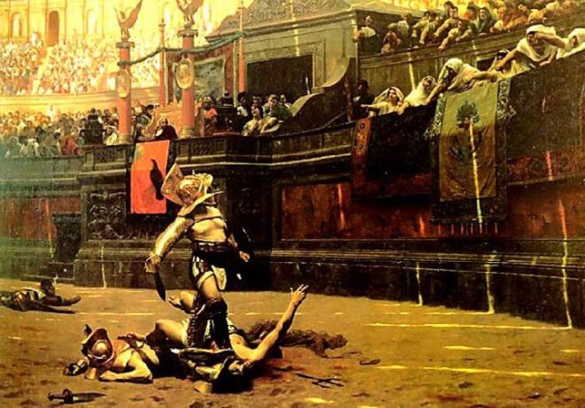 Roma İmparatorları bir gladyatörün ölüm emrini nasıl verirlerdi?<br>  Ne gladyatörün öldürülmesini isteyen Romalı seyirciler başparmaklarını aşağı indirirdi ne de bu ölüme izin veren Roma İmparatorları. Aslında Romalılar “başparmakları aşağıda duracak şekilde” bir işareti hiç kullanmadılar. Bir gladyatörün öldürülmesi istendiğinde başparmak yukarı kaldırılırdı – tıpkı kınından çekilmiş kılıç gibi. Kaybeden bir gladyatörün canının bağışlanması için başparmak, sıkılmış yumruğun içine sokulurdu – kınına sokulmuş bir silah gibi. Aşağıyı gösteren başparmakların ölümü işaret ettiği yanılgısının sorumlusu, yüzyıl ressamı Jean-Léon Gérôme’un Pollice Verso adlı tablosudur. Tabloda, imparator ölüm cezasını vermek için başparmağını aşağıya doğru uzatırken Romalı bir gladyatör bekliyor.