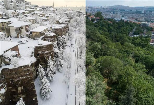 Bir yarısı kar, diğer yarısı yemyeşil bahar ve yaz manzaralarından oluşan fotoğraflarda Türkiye'nin doğusundan batısına, kuzeyinden güneyine özellikle orman ve yollardaki mevsimsel değişiklikler göze çarpıyor.