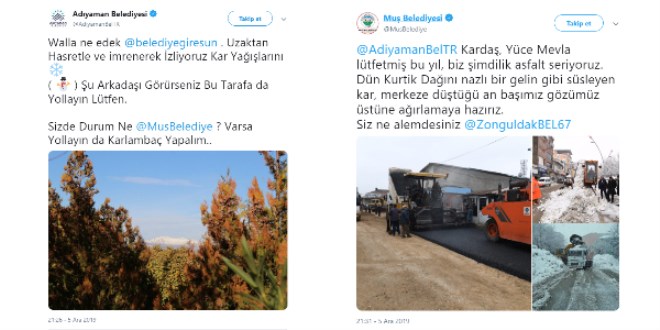 Belediyeler arasında gülümseten 'kar' paylaşımları
