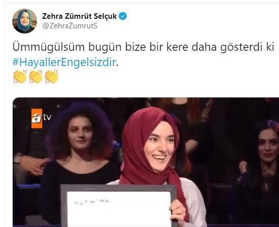 Bakan Zehra Zehra Zümrüt Selçuk'ta "Ümmügülsüm bugün bize bir kere daha gösterdi ki #HayallerEngelsizdir." paylaşımını yaptı.