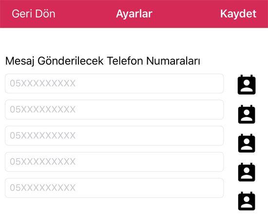 Uygulamayı cep telefonunuza indirdikten sonra ayarlar kısmını tıklayın. Karşınıza yukardaki görseldeki gibi bir alan gelecek. O alana deprem anında yerinizi bildiren mesajı göndermek istediğiniz kişinin telefon numarasını girin. En fazla 5 numara kayıt hakkı var. Aynı şehirde yaşamayan en az bir yakınınızın numarasını da uygulamaya eklemenizi öneriliyor.