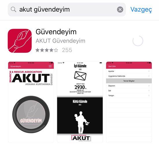 AKUT Güvendeyim uygulaması, yaşanan doğal afet sonrasında güvende olduğunuzu ve konum bilginizi SMS olarak bildirmenizi sağlar. Güvendeyim uygulaması, uygulamayı yükledikten sonra internete ihtiyaç duymaz. SMS gönderim hakkınız olması yeterlidir. Bu işlem standart SMS tarifeniz üzerinden operatörünüz tarafından ücretlendirilmektedir.