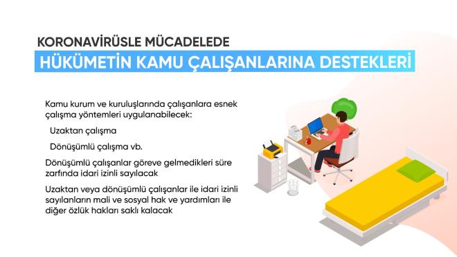 - Sağlık personelleri toplu taşıma hizmetlerinden ve kamuya ait sosyal tesislerden ücretsiz yararlanabilecek    <br>- 2 milyon dar gelirli aileye 1.000 TL nakit destek verilecek<br>    - Belediyelere koronavirüsle mücadelede kullanılmak üzere 3 milyar liralık bütçe aktarılacak