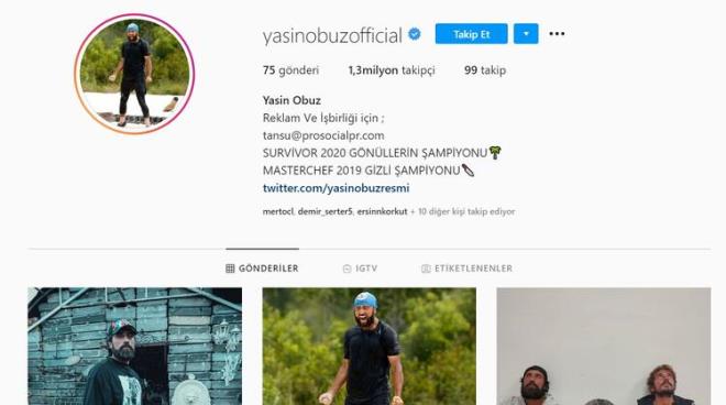 YASİN OBUZ<br>  MasterChef'in ardından Survivor ile ekran macerasına devam eden Yasin Obuz'u 1,3 milyon kişi takip ediyor.
