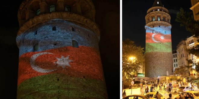 Galata Kulesi'ne Azerbaycan bayrağı