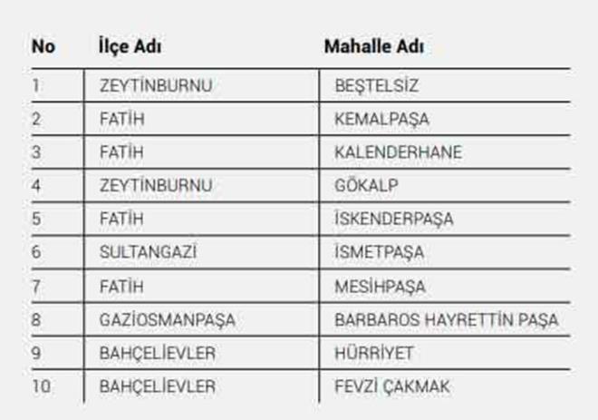 Avrupa Yakası’ndaki mahallelerin Anadolu Yakası’na göre daha riskli olduğu, sağlık kurum ve kuruluşlarının Avrupa Yakası’nda bulunmasının bu duruma etkisi olduğu belirlendi. Mekânsal yayılma riskine bağlı kırılganlığın en yüksek olduğu mahalleler ise sırasıyla; Beştelsiz (Zeytinburnu), Kemalpaşa (Fatih), Kalenderhane (Fatih), Gökalp (Zeytinburnu), İskenderpaşa (Fatih), İsmetpaşa (Sultangazi), Mesihpaşa (Fatih), Barbaros Hayrettin Paşa (Gaziosmanpaşa), Hürriyet(Bahçelievler), Fevzi Çakmak (Bahçelievler) olarak oldu.
