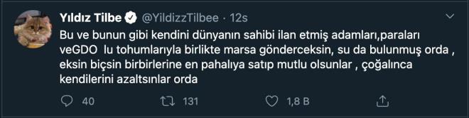 Tilbe bir paylaşımında da "Şu dünyada , dünya nüfusunun iki katına yetecek kadar, yemek ekmek çöpe atılıyorsa , bi yerlerde de açlık sefalet varsa bunun adı fakirlik yoksulluk değil, merhametsizliktir, kötülüktür, sömürüdür hainliktir vs vs vb..." ifadelerini kullandı.