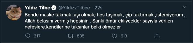 Yıldız Tilbe ilk olarak maske zorunluluğuna ve HES kodlu yaşama isyan etti. Tilbe, "Ben de maske takmak, aşı olmak, HES taşımak, çip taktırmak, istemiyorum" dedi ve şöyle devam etti: