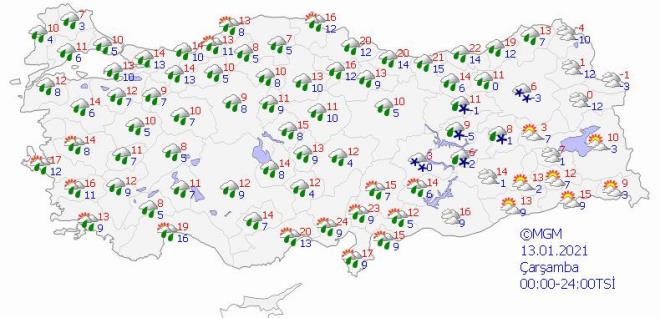 13 Ocak çarşamba günü hava durumu : Yağmur Marmara ve Ege bölgesine ek olarak İç Anadolu bölgesinin tamamına yayılacak. Malatya ve Erzurum'da kar yağışı beklenirken, Erzincan, Elazığ, Tunceli, Bingöl illerinde sulu kar yağışı görülecek.