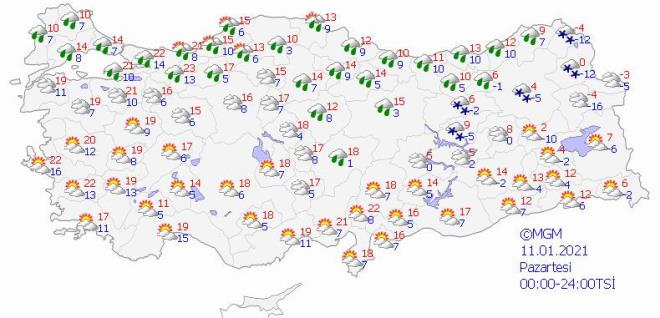 11 Ocak pazartesi hava durumu : Pazartesi günü Ege bölgesinde yağış dururken, Marmara ve Karadeniz bölgesinde şiddetini azaltsa da yağmur devam edecek. Tunceli, Erzincan, Erzurum, Kars ve Ardahan için ise kar yağışı müjdesi var.