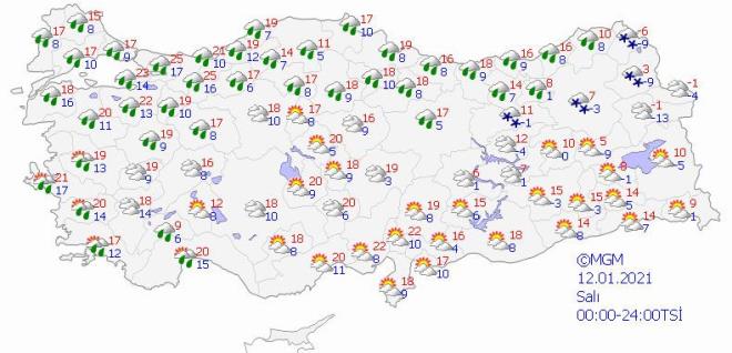 12 Ocak salı günü hava durumu : Önümüzdeki hafta salı günü yağmur Ege bölgesini yeniden etkileyecek. Bu kez listeye Akdeniz bölgesinden Antalya da dahil olacak. Kar yağışı ise Erzincan, Erzurum, Kars ve Ardahan da devam edecek