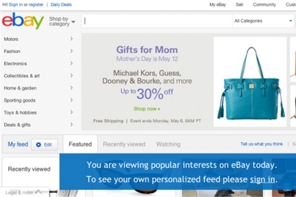 eBay'in bugünkü alıştığımız görünümü.