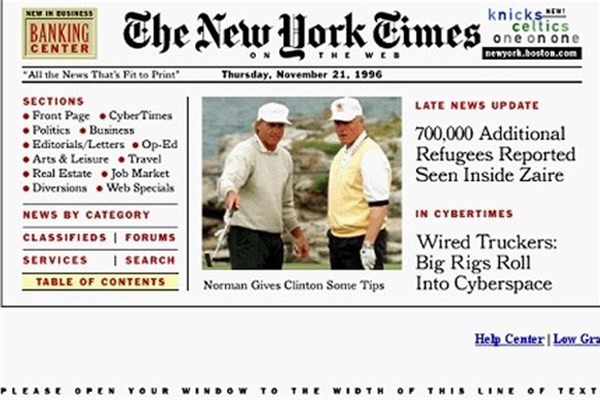 The New York Times - 1996,  ABD'li saygın gazete The New York Times'ın internet sitesi ilk kurulduğunda böyle görünüyordu.