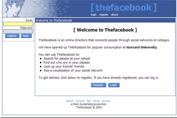 Facebook - 2004;  Facebook, "Thefacebook" adıyla kurulduğunda böyle bir tasarıma sahipti.