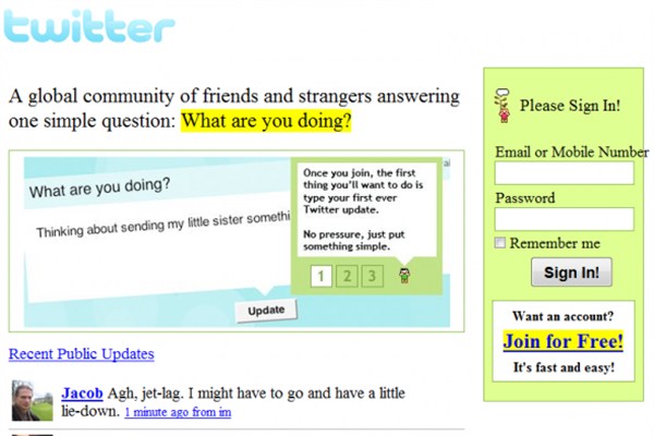 Twitter - Ekim 2006;  Ünlü sosyal paylaşım sitesi ilk kurulduğu zaman basit bir tasarıma sahipti.