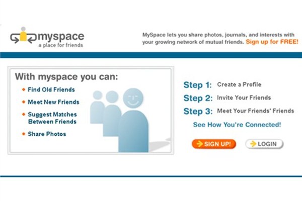 Myspace - Ekim 2003;  Facebook popüler olmadan önce yoğun biçimde kullanılan MySpace'in ilk günlerinden bir görüntü