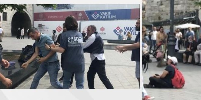 Kadını döven saldırgana kafa attı