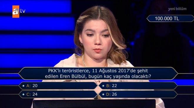 İkinci baraj sorusuna kadar gelen Gürsoy, karşısına şehir Eren Bülbül sorusu çıktı. 50 bin TL değerinde Kim Milyoner Olmak İster'in bu hafta bölümüne damga vuran sorusu:  <br>  "PKK'lı teröristlerce, 11 Ağustos 2017'de şehit edilen Eren Bülbül, bugün kaç yaşında olacaktı?"
