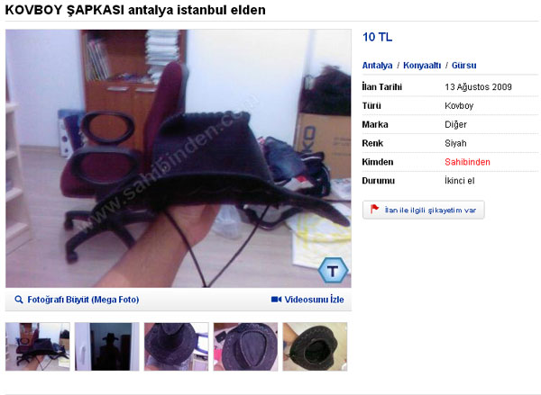 <P>işte süper bir ürün ile daha karşınızdayım arkadaşlar ürünümüzden elimizde sadece bir tane bulunmakta yani ilk gelen kapar :) bu şapkayla sokağa çıktığınızda vahşi batıda gibi hissedeceksiniz bakkala silah çekebilir yada motora binip ata binmiş hissiyatını alabilirsiniz evet.</P>  <P>videoyu izlemenizi tavsiye ederim fiyat 10tl dir. teşekkürler :)</P>