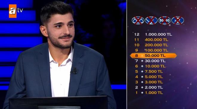 Seyirci joker hakkı, telefon joker hakkını ve yarı yarıya joker hakkını kullanan yarışmacı, 50 Bin TL değerindeki soruda çift joker hakkını da kullandı.