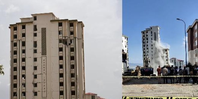 Hasarlı bina, yıkım sırasında sağlam binanın üzerine devrildi
