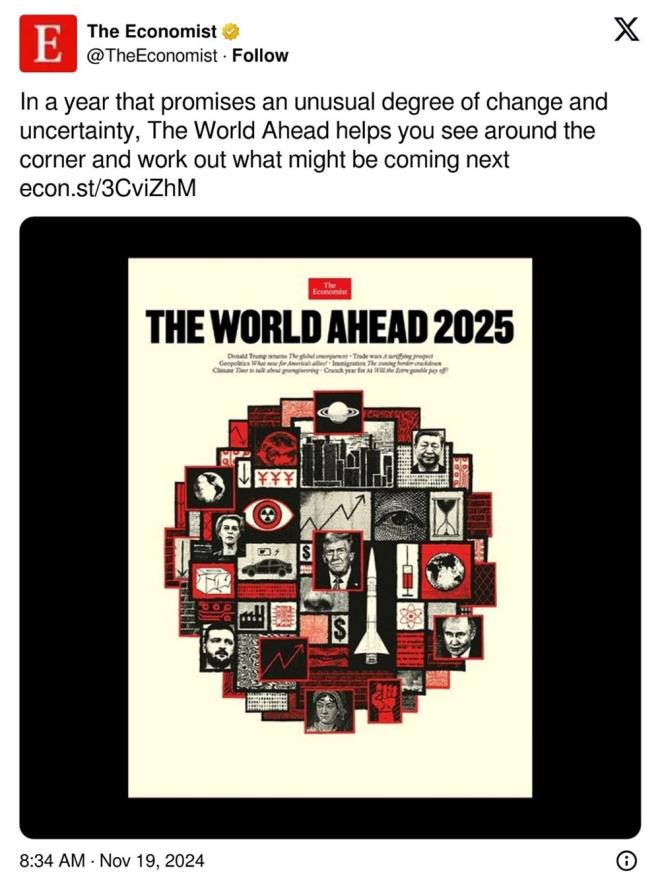 TRUMP VE ABD'NİN GÖLGE BAŞKANLARI    2025 kapağının merkezinde, 5 Kasım?daki seçimleri kazandığı belirtilen Donald Trump yer alıyor. Yanındaki füze ve elektrikli araç, politik ve teknolojik dinamiklerin Trump dönemiyle nasıl şekilleneceğini belirtiyor olabilir.    Özellikle Elon Musk?ın ?ABD?nin gölge başkanı? olarak anılması ve ekonomiyle teknolojiye yön vereceği öngörülüyor.    Kapaktaki grafik simgeleri ise ekonomik hareketliliği ve ABD?nin küresel etkisinin yeniden yükselişe geçeceğini vurguluyor. Trump yönetimiyle dünyadaki ekonomik ve politik dengelerin değişeceği açıkça işaret ediliyor.