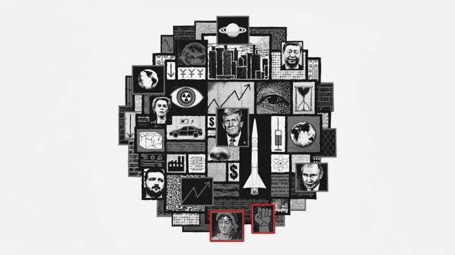 KADIN HAREKETİNİN YÜKSELİŞİ    Kapağın alt kısmında, İngiliz yazar Jane Austen ve bir kırmızı yumruk figürü yer alıyor.    Bu, kadın hareketinin 2025?te küresel ölçekte güç kazanacağına ve feminizmin yeniden ön plana çıkacağına işaret ediyor gibi gözüküyor.    Kadın haklarının politik ve sosyal sahnedeki etkisi artacak gibi görünüyor.