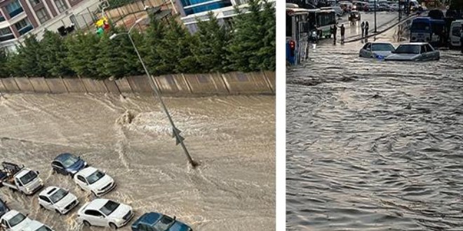 Ankara'da sağanak yağış: Arabalar sürüklendi