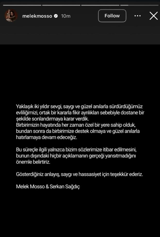 "FİKİR AYRILIKLARI SEBEBİYLE..."    Ünlü çiftin açıklamasında "Yaklaşık iki yıldır sevgi, saygı ve güzel anılarla sürdürdüğümüz evliliğimizi, ortak bir kararla, fikir ayrılıkları sebebiyle dostane bir şekilde sonlandırmaya karar verdik. Birbirimizin hayatında her zaman özel bir yere sahip olduk" ifadeleri yer aldı.