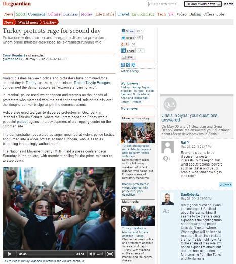 <P><B>GUARDIAN:</B> Türkiye'de protestolar ikinci gününde de dinmedi</P>  <P>Başbakan'ın "taşkınlık yapan radikaller" olarak tanımladığı protestocuları dağıtmak için polis tazyikli su ve biber gazı kullandı.</P>