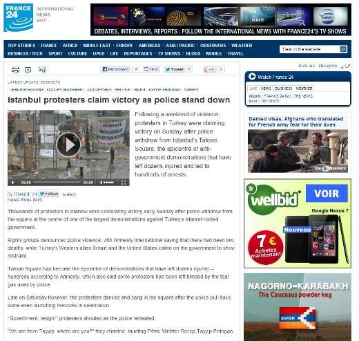 <P><B>FRANCE24:</B> Polis geri çekilirken İstanbul'da protestocular zafer ilan etti</P>  <P>Şiddet dolu bir hafta sonunun ardından, Türkiye'deki protestocular polisin Taksim Meydanı'ndan çekilmesiyle zafer ilan etti.</P>