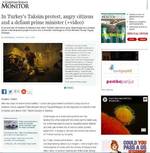 <P><B>CHRISTIAN SCIENCE MONITOR:</B> Türkiye'de öfkeli vatandaşlar ve geri adım atmayan bir başbakan.... İstanbul ve diğer Türk şehirlerinde bir inşaat projesine yönelik protestolarla başlayan ve Başbakan Tayyip Erdoğan'a yönelik geniş muhalefete evrilen protestoların ikinci günü yaşandı.</P>