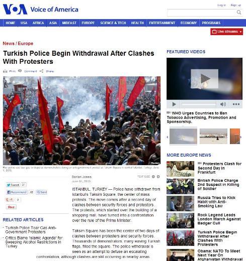 <P><B>VOICE OF AMERICA:</B> Protestocularla çatışmaların ardından Türk polisi çekilmeye başladı</P>  <P>Polis toplu protestoların merkezi olan İstanbul Taksim Meydanı'ndan çekildi</P>