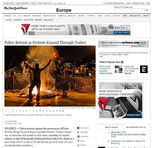 <P><B>NEW YORK TIMES:</B> Protestolar Türkiye geneline yayılırken polis geri çekildi</P>  <P>Başbakan Tayyip Erdoğan hükümetine karşı protestolar Türkiye'nin en büyük şehri İstanbul'un dört bir yanında sürerken başkent Ankara dahil diğer şehirlere de yayıldı.</P>