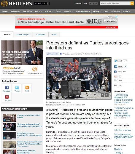 <P><B>REUTERS:</B> Türkiye'de çatışmalar üçüncü gününe girerken protestocular pes etmiyor</P>  <P>İstanbul ve Ankara'da pazar sabah erken saatlerde protestocular ateşler yakıp polisle çatıştı ancak sokaklar Türkiye'nin yıllardır gördüğü en sert hükümet karşıtı protestoların ikinci gününün ardından genel olarak sakindi.</P>