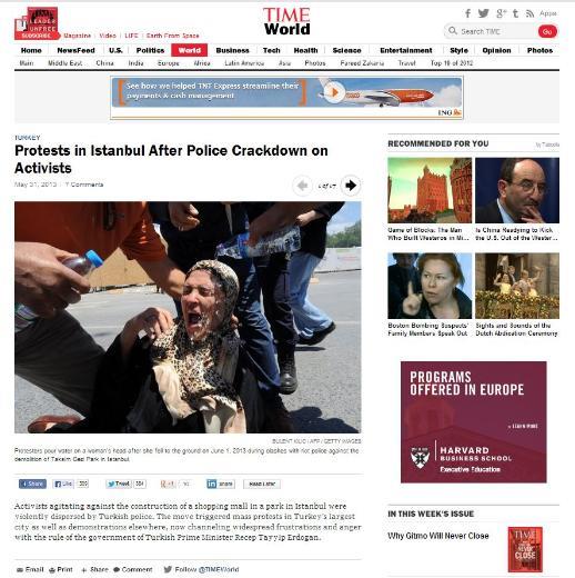 <P><B>TIME:</B> Polisin aktivistlere ağır müdahalesinin ardından İstanbul'da protestolar</P>  <P>İstanbul'da bir parka alışveriş merkezi yapılmasını protesto eden aktivistler Türk polisi tarafından şiddet kullanılarak dağıtıldı. Bu hamle Türkiye'nin en büyük şehrinde ve diğer yerlerinde toplu protestolara neden oldu. Protestolar şimdi Başbakan Erdoğan hükümetine duyulan geniş kapsamlı öfkenin kanalı haline geldi</P>