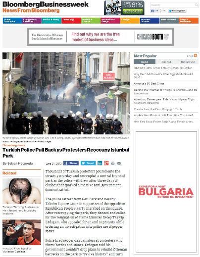 <P><B>BLOOMBERG/BUSINESSWEEK:</B> Polis geri çekildi protestocular parkı yeniden işgal etti</P>  <P>Binlerce Türk protestocu dün sokaklara döküldü ve geniş kapsamlı hükümet karşıtı protestolara neden olan üç günlük çatışmaların ardından polisin çekilmesiyle İstanbul'un merkezindeki bir parkı yeniden işgal etti.</P>