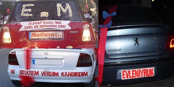 Gelin arabalarının ilginç yazıları
