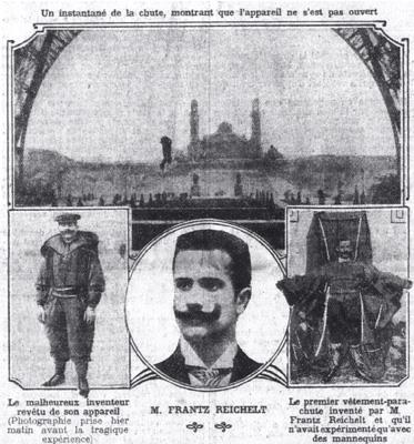 Franz Reichelt<p>  Uçan Terzi olarak tanınan Avusturyalı terzi Franz Reichelt modern bir paraşüt gibi giyeni yavaşça yere doğru indiren bir palto geliştirdi