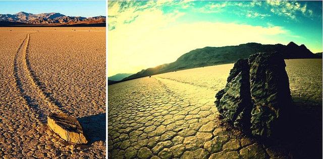 15. Hareket eden kayalar, lm Vadisi, ABD : Herhangi bir insan ya da hayvan etkisi olmakszn kendi kendine ok uzun mesafeler kat eden ilgin kayalar.
