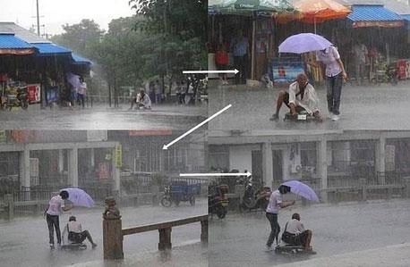 Evsiz ve yryecek hali olmayan bu adam, saanak yamurdan koruyan bu kadn.