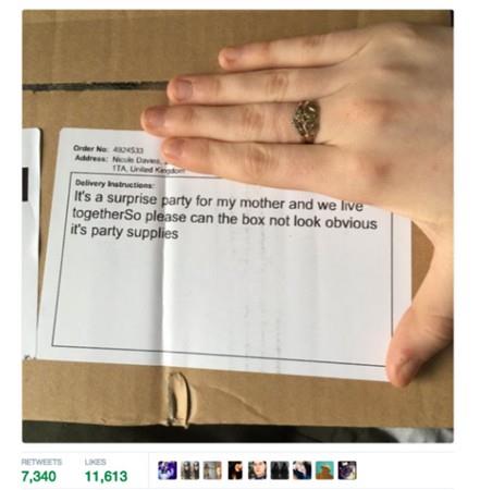 "Anneme srpriz parti hazrlyorum ve ayn evde yayoruz. Bu yzden pakette parti malzemeleri olduu belli olmasn ltfen."