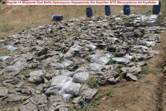 Maara ve snaklarda, ok sayda el yapm patlayc, el yapm patlayc yapmnda kullanlan 30 tp, roketatar, 16 roketatar mhimmat, lav silah, 3 mayn, makineli tfek, 14 uzun namlulu silah, 3 pompal tfek, 5 tabanca, 7 el bombas, 3 telsiz, ok sayda rgtsel dokman, gda ve tbbi malzemeler ele geirildi.