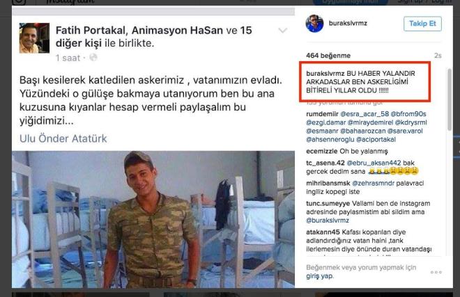 GEREK: Kafas kesilerek ldrld denilerek paylalan fotoraf Burak Salvermez isimli bir vatandan askerlik fotoraf olarak Facebook&#8217;a ykledii grsel. Facebook ve Instagram hesaplarndan yapt aklamayla bunu belirtti.