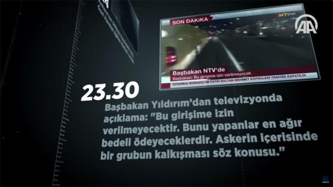 SAAT 23.30 - BAŞBAKAN'IN İLK İLANI<p>    Ankara'daki silah sesleri ve İstanbul'daki tanklara rağmen kimse saat 23.30'da Başbakan Binali Yıldırım NTV yayınına bağlanana kadar tam olarak ne olduğunu anlayamamıştı. Başbakan 'bunun bir darbe girişimi' olduğunu saatler gece yarısına yaklaşırken ilan etti ve yaşananların ismini koydu.