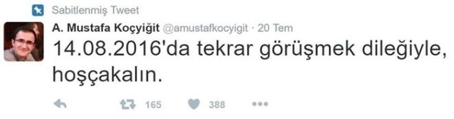 14 AUSTOS TWEETLER    Babakanlk Uzman olarak grev yapan ve FET'ye bilgi szdrd gerekesiyle gzaltna alnan Akif Mustafa Koyiit adna alan Twitter hesab zerinden paylalm olan son tweette dikkati eken bir tarihe iaret edildi.