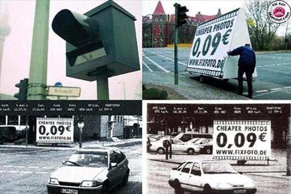 Hayatmz gnlk mcadelerle devam ederken, karmza kan kimi sorunlara olduka ilgin zmler bulabiliyoruz. rnein, stteki "fotoraf", stdyosunun reklamn yapmak iin orijinal bir zm bulmu. Polis kamerasnn gr alanna yerletirilen ilan sayesinde, krmz kta geen, hz limitini ihlal eden srclere ceza faturalaryla birlikte giden fotorafta stdyosunun ilan da yer alyor.