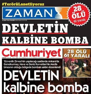 Cumhuriyet, terr gazetesi Zaman ile e manetler atmt