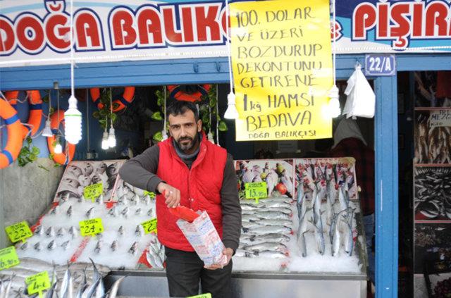 ESNAFLARDAN "DVZN BOZDUR" KAMPANYASI    100 DOLAR BOZDURANA, 1 KLO HAMS BEDAVA    Cumhurbakan Erdoan'n, dolarn 3,5 liray bulmas zerine, dvizi olan vatandalarn bozdurup, Trk Liras'na ve altna yatrm yapmalar ynndeki davetine Akyurtlu balk esnaf Doan Arkan da destek verdi. Akyurt'ta 5 yldr esnaflk yapan Arkan, bu arya sessiz kalmayp, destek verdiini belirterek, u ifadeleri kulland: "lkemiz zerinde oynanan oyunlar bozmak iin bizim de kk bir katkmz olsun dedik. Sayn Cumhurbakan'mzn dedii gibi dolarn ve eurosunu bozduran vatandamza bizde hamsi bedava" DHA
