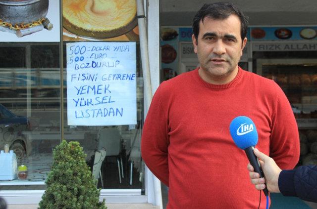 DVZN BOZDURANA YEMEK BEDAVA    Dolarn bozdurulmas ynndeki arlara kaytsz kalmayan Trabzonlu Yksel Usta Lokantas letme Sahibi Yksel Yldrm, Trk parasnn deerlenmesi iin 500 dolar ve euroyu bozdurup fiini getiren vatandalara cretsiz yemek veriyor. IHA